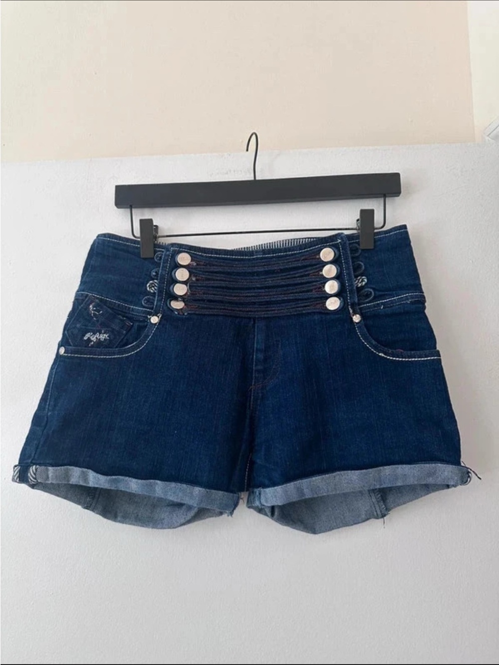 refuge Dark Blue High-Waist Demin Shorts with Corset Detailing
